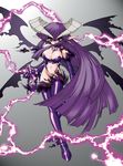  boots breasts choker cleavage electricity groin horns jewelry large_breasts long_hair midriff original pendant pointy_ears purple_footwear purple_hair red_eyes ruuen_rouga solo thighhighs very_long_hair wings 