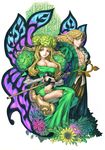  1girl absurdres belt blonde_hair breasts butterfly_wings chair chest cleavage dress elfaria_(odin_sphere) fairy flower frown hat highres holding lace large_breasts leaf long_hair looking_at_viewer mature melvin muscle nature non-web_source odin_sphere official_art open_clothes open_shirt pointy_ears red_eyes scan shirai_yasuo shirt side_slit sidelocks simple_background sitting smile staff standing thighs throne trench_coat wavy_hair wings 
