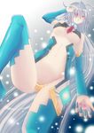  ahoge bad_id bad_pixiv_id blazblue breasts cherry cosplay error eyepatch food from_below fruit large_breasts long_hair mu-12 mu-12_(cosplay) nu-13 red_eyes revealing_clothes silver_hair solo underboob 