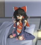  black_hair blue_eyes blush bow breasts commentary_request hair_bow hakurei_reimu highres loggy nipples panties short_hair small_breasts solo touhou underwear 