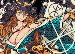  1girl apoloniodraws armor breasts cleavage holding holding_sword holding_weapon japanese_armor japanese_clothes lens_flare long_hair looking_at_viewer nami_(one_piece) off_shoulder one_piece shogun solo sword tattoo ttgl_eyecatch weapon 