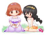  2girls aged_down artist_name bangs black_hair blunt_bangs bob_cut braid brown_eyes camisole closed_mouth commentary cookie dress food frilled_sleeves frills girls_und_panzer grass hair_ribbon hair_tie handkerchief highres holding long_hair looking_at_another low_twin_braids low_twintails medium_dress multiple_girls on_ground open_mouth orange_eyes orange_hair orange_shorts pink_footwear puffy_short_sleeves puffy_sleeves purple_dress purple_ribbon putipuni reizei_mako ribbon shoes short_hair short_sleeves shorts side-by-side signature sitting smile socks takebe_saori twin_braids twintails v_arms wariza white_background white_camisole white_socks yellow_ribbon 
