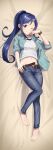  1girl aqua_jacket bangs barefoot belt blue_eyes blush bracelet breasts brown_belt closed_mouth clothes_lift commentary_request commission dakimakura_(medium) denim feet full_body hand_up highres jacket jeans jewelry legs long_hair love_live! love_live!_sunshine!! lying matsuura_kanan medium_breasts midriff navel on_back one_eye_closed open_belt open_clothes open_jacket pants partially_unzipped ponytail purple_eyes shirt shirt_lift sidelocks skeb_commission sleeves_rolled_up smile solo swept_bangs taachika toes white_shirt 