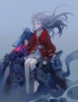  1girl 2022 clara_(honkai:_star_rail) closed_mouth coat floating_hair frown grey_background highres holding honkai:_star_rail honkai_(series) long_hair mecha qingxin_gua_yu red_eyes robot sitting_on_shoulder thigh_strap white_hair windmill 