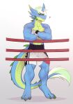  anthro blush bodily_fluids bonfire_(buttocher) boxing_tape clothed clothing digital_media_(artwork) dragon erection fighting_ring genital_fluids genitals hair hi_res horn male muscular penis precum reptile scalie shoguru simple_background solo white_background wingless_dragon 