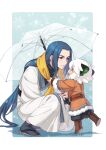  2boys animal_ears ar_(rikuesuto) blue_hair cat_boy cat_ears cat_tail closed_mouth holding holding_umbrella jacket japanese_clothes long_hair long_sleeves luoxiaohei male_focus multiple_boys orange_jacket scarf tail the_legend_of_luo_xiaohei umbrella white_hair wuxian_(the_legend_of_luoxiaohei) yellow_scarf 