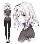  1girl black_footwear black_pants blue_eyes character_request crossed_arms grey_shirt looking_at_viewer medium_hair multiple_views pants parted_lips ryuuou_no_oshigoto! shirabi shirt shoes simple_background solo unmoving_pattern white_background white_hair 
