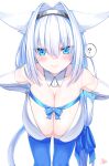  1girl ? absurdres animal_ear_fluff animal_ears bangs bare_shoulders blue_bow blue_eyes blue_ribbon blue_thighhighs blush bow breasts cat_ears cat_girl cat_tail cleavage collarbone detached_collar detached_sleeves dobrynya_nikitich_(fate) dress fate/grand_order fate_(series) hair_bow hairband hanging_breasts highres large_breasts leaning_forward long_hair looking_at_viewer low_ponytail ribbon short_dress solo tail thighhighs thighs watosu white_dress white_hair 