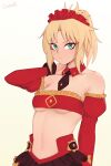  1girl armpits bangs blonde_hair blush breasts brown_necktie closed_mouth collar commentary darahan detached_collar detached_sleeves english_commentary fate/apocrypha fate/grand_order fate_(series) green_eyes hair_ornament long_sleeves looking_at_viewer medium_hair mordred_(fate) mordred_(fate/apocrypha) navel necktie puffy_long_sleeves puffy_sleeves red_collar red_skirt red_sleeves red_tube_top short_necktie signature simple_background skirt small_breasts solo stomach strapless tube_top upper_body white_background 