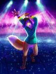  2018 3:4 anthro black_hair blue_clothing blue_hoodie blue_topwear blurred_background bottomless brown_body brown_fur canid clothed clothing dancing dated dipstick_tail eyes_closed featureless_crotch fluffy fluffy_tail front_view full-length_portrait fur hair hi_res hoodie leg_markings male mammal markings mouth_closed multicolored_hair mylafox orange_body orange_fur pawpads pink_nose pink_pawpads portrait purple_hair signature socks_(marking) solo tail_markings topwear two_tone_hair white_body white_fur 