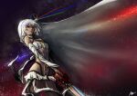  152_in_can 1girl absurdres altera_(fate) dark-skinned_female dark_skin detached_sleeves fate/grand_order fate_(series) full-body_tattoo highres holding holding_sword holding_weapon long_sleeves photon_ray_(fate) red_eyes short_hair solo star_(sky) sword tattoo veil weapon white_bandeau white_hair white_sleeves white_veil 