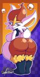  2022 anthro belly big_belly big_breasts big_butt breasts butt cinderace digital_media_(artwork) female fur generation_8_pokemon ghostlyfoxy hi_res hyper hyper_belly inflation lagomorph leporid long_ears looking_at_viewer looking_back mammal nintendo nude pokemon pokemon_(species) pokemon_unite rear_view red_eyes signature smile smug solo standing teeth thick_thighs video_games white_body white_fur wide_hips 