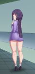  1girl absurdres ass bare_legs boruto:_naruto_next_generations dress from_behind high_heels highres kakei_sumire light_smile lips long_hair looking_at_viewer looking_back naruto_(series) no_panties non-web_source purple_eyes purple_hair sailor_collar sailor_dress short_dress solo thighs triagorodri twintails 