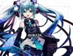  1girl :d bare_shoulders black_skirt black_vest blue_hair blue_necktie brooch cyawa dated detached_sleeves floating_hair happy_birthday hatsune_miku headset highres jewelry long_hair long_sleeves looking_at_viewer microphone miniskirt necktie pleated_skirt skirt smile solo twintails very_long_hair vest vocaloid 