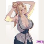  1girl armpits arms_up arttoru bare_shoulders blonde_hair breasts cleavage facial_mark forehead_mark grey_kimono grin highres huge_breasts japanese_clothes kimono long_hair low-tied_long_hair mature_female naruto naruto_(series) obi pink_lips sash smile tsunade_(naruto) white_background yellow_eyes 