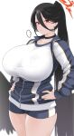  1girl bangs black_hair black_wings blue_archive blue_jacket blush breasts choker closed_mouth feathered_wings gym_shirt gym_uniform hair_between_eyes halo hasumi_(blue_archive) hasumi_(gym_uniform)_(blue_archive) high_ponytail highres huge_breasts jacket kemigawa_mondo long_hair long_sleeves looking_at_viewer low_wings official_alternate_costume original ponytail red_eyes shirt solo thighs very_long_hair white_shirt wings 
