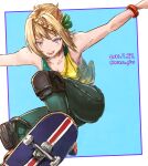  1girl :d absurdres alternate_costume blonde_hair blue_background border braid collarbone dated green_pants green_ribbon green_tank_top hair_ribbon highres holding holding_skateboard kantai_collection knee_pads looking_at_viewer mitsu_plus ollie_(skateboarding) one-hour_drawing_challenge outstretched_arms pants perspective perth_(kancolle) purple_eyes ribbon short_hair simple_background skateboard smile solo tank_top twitter_username two-tone_shirt white_border yellow_tank_top 