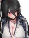  1girl black_hair blue_archive blush breasts cleavage hasumi_(blue_archive) hasumi_(gym_uniform)_(blue_archive) jacket large_breasts long_hair mole mole_under_eye nikuya_(nikuniku_nikuya) open_clothes open_jacket red_eyes solo sweat track_jacket white_background 