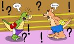  2021 alligator alligatorid anthro biped bottomwear boxing_gloves boxing_shorts brok_(character) brok_the_investigator brown_body clothing crocodilian duo exclamation_point fighting_ring green_body handwear hi_res jolly_the_lizard jollyville kangaroo macropod mammal marsupial question_mark reptile scalie shorts sin_(brok_the_investigator) slightly_chubby surprise text video_games 
