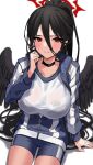  1girl absurdres bangs black_hair black_wings blue_archive blue_jacket blush breasts choker closed_mouth feathered_wings gym_shirt gym_uniform hair_between_eyes halo hasumi_(blue_archive) hasumi_(gym_uniform)_(blue_archive) high_ponytail highres huge_breasts jacket long_hair long_sleeves looking_at_viewer low_wings mole mole_under_eye official_alternate_costume original ponytail red_eyes shirt solo sweat thighs uuroncha very_long_hair white_shirt wings 