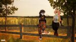  3d_(artwork) anthro canid canine canis claws clothed clothing cloud cloudscape detailed_background digital_media_(artwork) enfield english_text feet female fence fox fur grass grey_body grey_fur hair hioshiru_(character) hybrid impreza mammal multicolored_body multicolored_fur outside pink_hair plant sky smile solo tan_body tan_fur text toes tongue tree tridognait wheat 