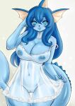  absurd_res anthro blue_body blue_eyes blue_hair breasts clothing eeveelution female generation_1_pokemon genitals hair hi_res looking_at_viewer nintendo nipples pokemon pokemon_(species) pokemorph pussy solo translucent translucent_clothing vaporeon video_games 