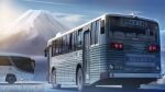  absurdres blue_sky bus cloud commentary_request ground_vehicle highres license_plate motor_vehicle mountain no_humans original outdoors png_pant_(bus) scenery shadow sky snow tail_lights translation_request vehicle_focus winter 