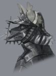  2022 absurd_res anthro armor bust_portrait countershade_face countershading fangs gnoll grey_background greyscale headgear hi_res hyaenid male mammal monochrome pelzibat portrait side_view simple_background solo whiskers 