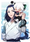  2boys animal_ears ar_(rikuesuto) bandages black_hair blue_eyes blue_hair cat_boy cat_ears cat_tail chinese_clothes closed_eyes forehead long_hair long_sleeves luoxiaohei male_focus multiple_boys open_mouth tail the_legend_of_luo_xiaohei white_hair wuxian_(the_legend_of_luoxiaohei) 