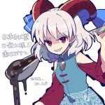  1girl blue_dress blue_ribbon dress hair_ribbon highres holding holding_spoon horns looking_at_viewer oil pointy_ears red_eyes red_horns red_sleeves ribbon sharp_teeth short_hair simple_background smile solo spoon teeth touhou toutetsu_yuuma upper_body white_background white_hair yoriteruru 