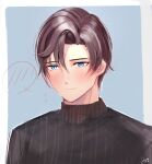  1boy artem_wing_(tears_of_themis) black_sweater blush border brown_hair closed_mouth flying_sweatdrops forehead light_blue_background male_focus mirin_pengin portrait short_hair signature solo sweater tears_of_themis white_border 