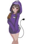  1girl :p artist_name bandaid bandaid_on_face bandaid_on_leg bangs blunt_bangs bonzibuddy brown_hair bug cable error_message eyelashes highres hood hoodie mole mole_under_eye moth no_pants original plug purple_hoodie red_eyes sleeves_past_fingers sleeves_past_wrists thighs tongue tongue_out twitter_username vicki_(cryingrobot) vickie_(cryingrobot) white_background 