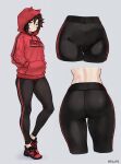  1girl alternate_costume artist_name ass ass_visible_through_thighs black_hair black_leggings bluefield copyright_name cropped_legs english_commentary from_behind grey_background grey_eyes groin hands_in_pockets highres hood hood_up hoodie leggings looking_at_viewer messy_hair pants red_hair red_hoodie ruby_rose rwby smile solo thigh_gap thighs track_pants twitter_username 