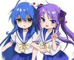  2girls blue_hair blue_skirt blush green_eyes heart highres hiiragi_kagami izumi_konata lucky_star mole mole_under_eye multiple_girls open_mouth purple_eyes purple_hair salmongrapefish school_uniform serafuku simple_background skirt v white_background 