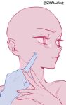  1girl 1other bald bald_girl bare_shoulders blue_nails cheek_poking collarbone colored_skin dahan highres korean_commentary looking_away looking_to_the_side open_hand original pink_eyes pink_skin poking portrait pout solo_focus template white_background 