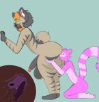  anthro balls big_balls big_butt big_penis butt duo fur genitals hypnotic_eyes internal kneeling looking_back looking_pleasured male male/male mammal oral penis pink_body pink_fur procyonid raccoon sex snout_fuck stripes tycho_(tycho3889) unknown_character unknown_species varknakfrery 