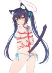  1girl absurdres animal_ears aqua_bikini aqua_ribbon ass bangs bikini black_hair blue_archive blush bound bound_wrists cat_ears cat_girl cat_tail from_behind goyain hair_between_eyes hair_ribbon halo highres long_hair looking_at_viewer looking_back parted_lips red_eyes red_rope ribbon rope serika_(blue_archive) shibari simple_background sketch solo swimsuit tail twintails very_long_hair white_background 