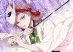  ar_(rikuesuto) flower fox_mask grey_eyes holding holding_sword holding_weapon jacket japanese_clothes kimetsu_no_yaiba kimono lavender_(flower) long_hair mask open_mouth sabito_(kimetsu) scar scar_on_face sword weapon 