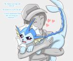  &lt;3 absurd_res ambiguous_gender blush bodily_fluids crying cuddling docsye duo eeveelution embrace english_text eyes_closed feral generation_1_pokemon hi_res hug human mammal nintendo open_mouth pokemon pokemon_(species) pokemon_trainer profanity raised_tail simple_background tears text vaporeon video_games 