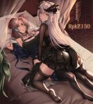  2girls ass au_ra bangs bed black_skirt black_thighhighs blue_eyes blue_jacket breasts commission cross cross_earrings earrings final_fantasy final_fantasy_xiv green_eyes grey_hair highres horns indoors jacket jewelry large_breasts long_hair long_sleeves looking_at_viewer looking_back lying mad_kimo medium_hair multiple_girls on_back on_bed original parted_lips pointy_ears signature skirt soles thighhighs thighs yuri 