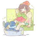  1girl ;d aqua_shorts bangs beanie black_hair blue_eyes bounsweet floral_print grass hand_up hat katiko no_nose on_lap one_eye_closed pokemon pokemon_(creature) pokemon_(game) pokemon_on_lap pokemon_sm popplio red_headwear selene_(pokemon) shirt short_hair short_sleeves shorts sitting smile swept_bangs wading_pool water yellow_shirt 