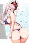  1girl akatsuki_ikki ass bangs bikini blue_eyes breasts eyebrows_hidden_by_hair fate/grand_order fate_(series) hair_ribbon highres large_breasts long_hair looking_at_viewer looking_back miyamoto_musashi_(fate) ocean pink_hair pony ribbon sideboob smile solo swimsuit water 