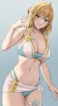  1girl amayo_thranana bangs bikini blonde_hair blush breasts cosplay eunie_(xenoblade) eunie_(xenoblade)_(cosplay) fiora_(xenoblade) green_eyes highres large_breasts long_hair looking_at_viewer navel open_mouth short_hair simple_background smile solo swimsuit xenoblade_chronicles_(series) xenoblade_chronicles_1 xenoblade_chronicles_3 