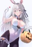  1girl animal_ears bangs bare_shoulders blush breasts candy cleavage covered_navel cowboy_shot detached_collar fake_animal_ears food gloves grey_eyes grey_hair hair_ornament halloween_bucket highres holding holding_candy holding_food large_breasts leotard long_hair looking_at_viewer nozomi_fuuten original pantyhose playboy_bunny rabbit_ears ribbon smile solo strapless strapless_leotard thighhighs tongue tongue_out wrist_cuffs 