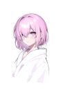  1girl absurdres bangs bathrobe blush breasts fate/grand_order fate_(series) hair_over_one_eye highres large_breasts light_purple_hair looking_at_viewer mash_kyrielight purple_eyes short_hair simple_background solo spider_apple white_background 
