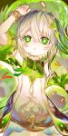  1girl absurdres arm_up bangs bracelet dress eyelashes female_child flower-shaped_pupils genshin_impact gold_trim gradient_hair green_eyes green_hair hair_between_eyes hair_ornament highres ikasoba jewelry looking_at_viewer multicolored_hair nahida_(genshin_impact) open_mouth pointy_ears side_ponytail sleeveless sleeveless_dress slime_(genshin_impact) solo symbol-shaped_pupils white_dress 