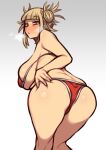  1girl ass back bangs bare_shoulders bikini blonde_hair blunt_bangs blush boku_no_hero_academia breasts breath commentary_request double_bun from_behind grey_background hair_bun highres koohiitei_shinbo large_breasts looking_at_viewer looking_back messy_hair parted_lips red_bikini simple_background solo standing swimsuit toga_himiko yellow_eyes 