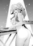  1girl ass bangs blush breasts completely_nude covering covering_breasts cowboy_shot dimples_of_venus from_behind go-toubun_no_hanayome greyscale hair_ornament highres instrument keyboard_(instrument) kosmos_beta large_breasts leaning_forward long_hair looking_at_viewer looking_back monochrome nakano_itsuki nude open_mouth ponytail sidelocks solo spotlight star_(symbol) star_hair_ornament 