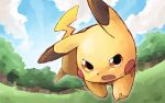  animal_focus blue_sky blush_stickers cloud commentary_request day fisheye forest full_body gerigoo grass looking_at_viewer nature no_humans open_mouth orange_eyes outdoors pikachu pokemon pokemon_(creature) running sky solo tree 