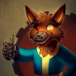  1:1 animatronic anthro black_sclera blue_clothing blue_topwear brown_body brown_fur canid clothed clothing five_nights_at_freddy&#039;s front_view fur gesture grin half-length_portrait head_tuft looking_at_viewer machine male mammal mylafox no_pupils portrait red_eyes robot scottgames sharp_teeth simple_background smile solo teeth text thumbs_up topwear tuft url vault_boy video_games yellow_clothing yellow_eyes yellow_topwear 